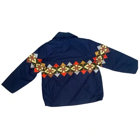 THE GREAT. Outdoors The Cropped Wanderer Blue Multicolor Patterned Puffer Jacket - Picture 3 of 9